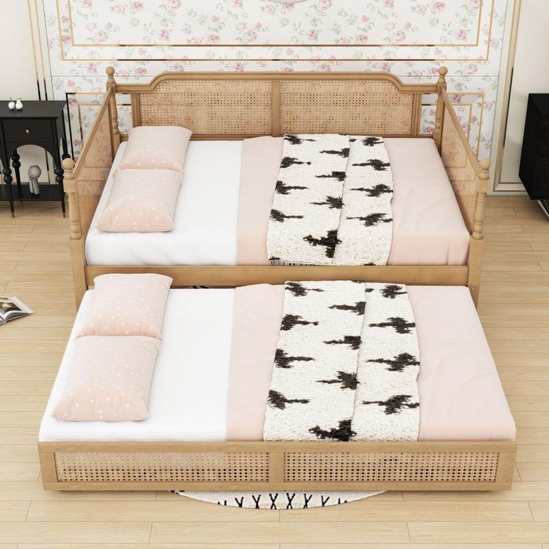 Antik Ceviz Rattan Detaylı Masif Çam Ağacı ve MDF Yavru Yataklı Karyola - 148x203 cm - 328392