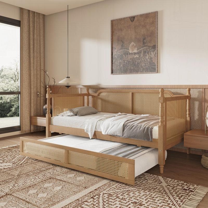 Antik Ceviz Rattan Masif Ahşap Yavru Yataklı Karyola - 106x203 cm - 328289
