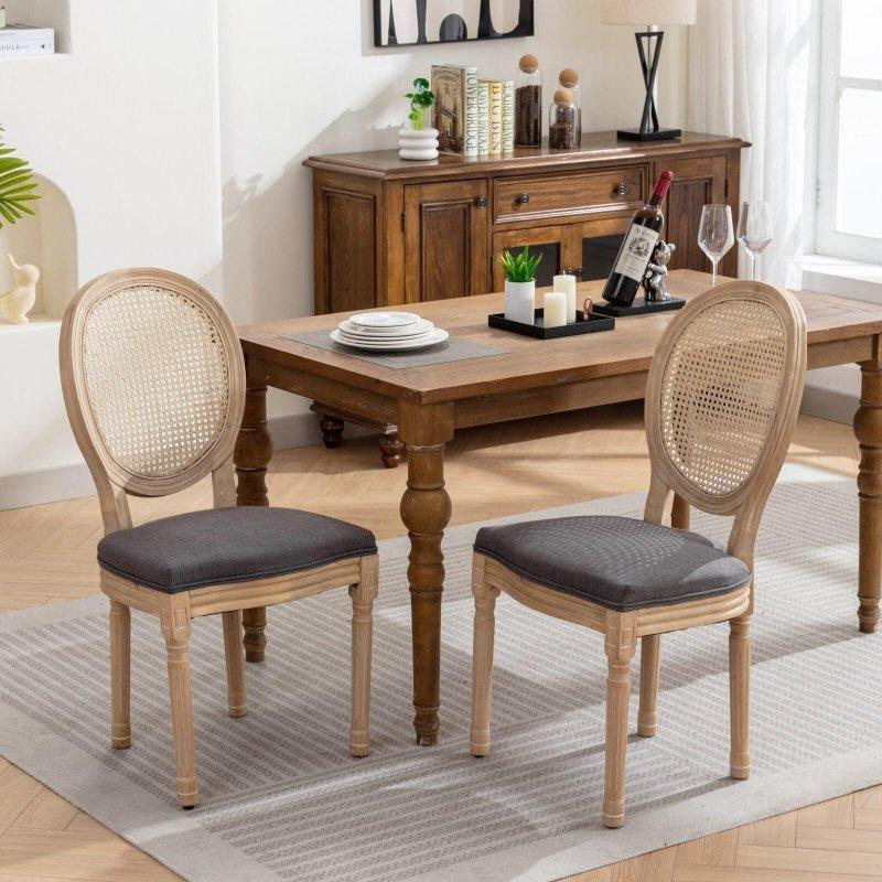 Antik Gri Keten Döşemeli Masif Ahşap Oval Rattan Sırtlı Sandalye 2li Set - 251888
