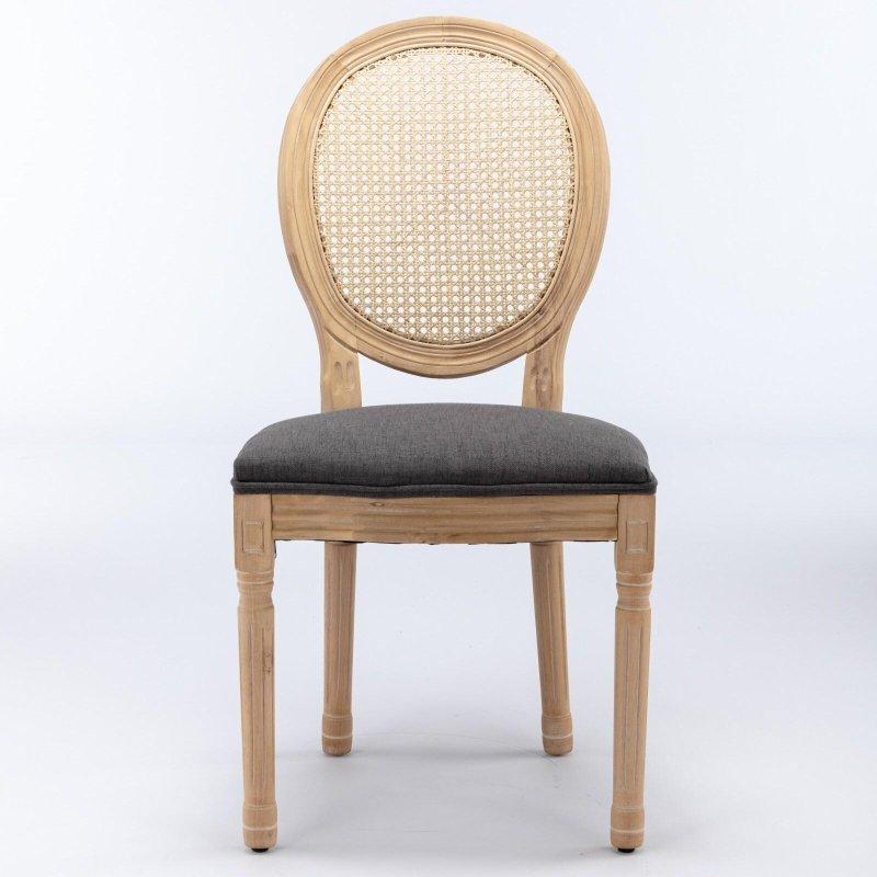 Antik Gri Keten Döşemeli Masif Ahşap Oval Rattan Sırtlı Sandalye 2li Set - 251888
