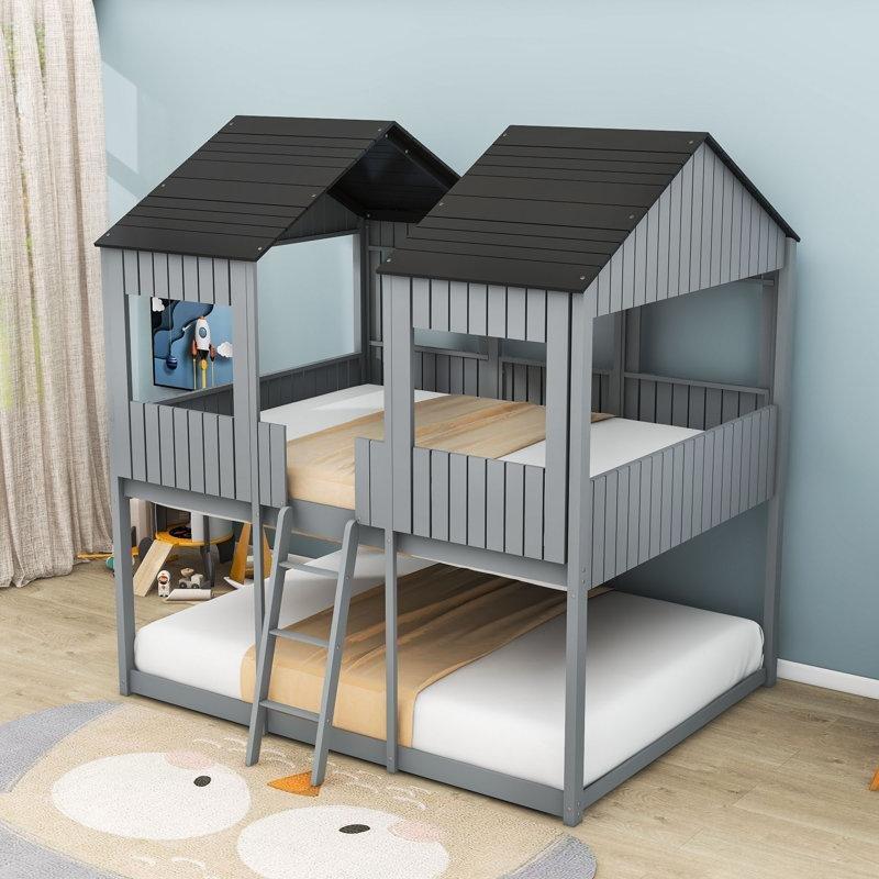 Antik Gri Masif Çam ve MDF Ev Şeklinde Çocuk Ranzası - 247138