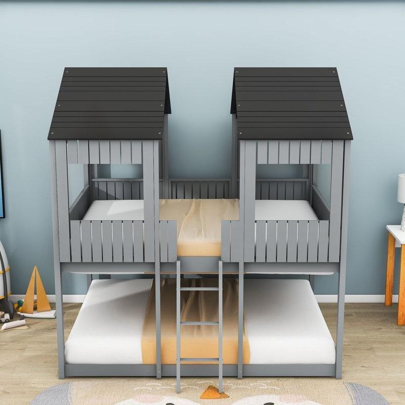 Antik Gri Masif Çam ve MDF Ev Şeklinde Çocuk Ranzası - 247138