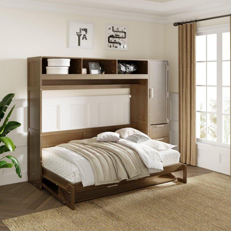 Antik Gri Masif Çam ve MDF Gardıroplu Çekmeceli Raflı Duvar Yatağı - 267 cm - 264613