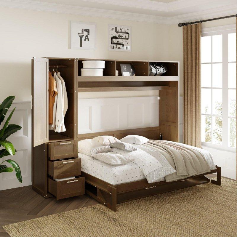 Antik Gri Masif Çam ve MDF Gardıroplu Çekmeceli Raflı Duvar Yatağı - 267 cm - 264613