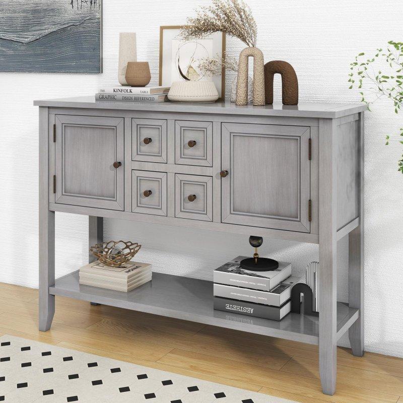 Antik Gri MDF ve Masif Çam 4 Çekmeceli ve Raflı Dresuar - 331308