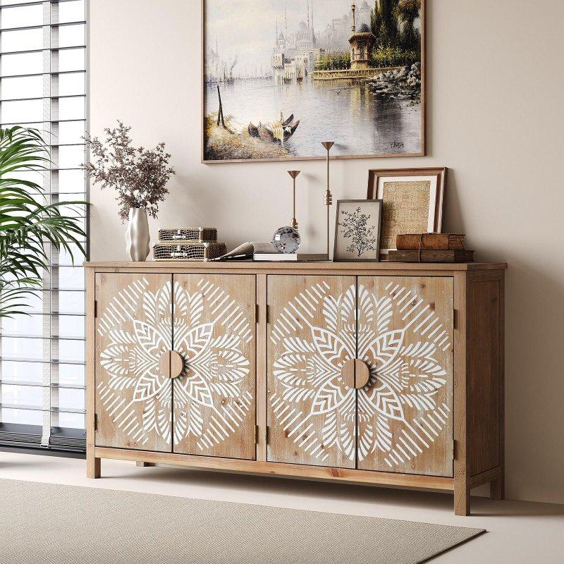 Antik Kahverengi ve Beyaz Köknar Ağacı ve MDF Oymalı 4 Kapaklı Bohem Konsol - 154 cm - 324745