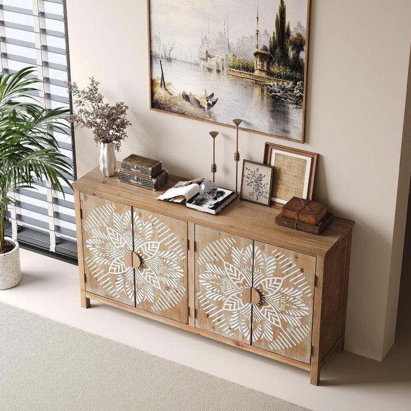 Antik Kahverengi ve Beyaz Köknar Ağacı ve MDF Oymalı 4 Kapaklı Bohem Konsol - 154 cm - 324745