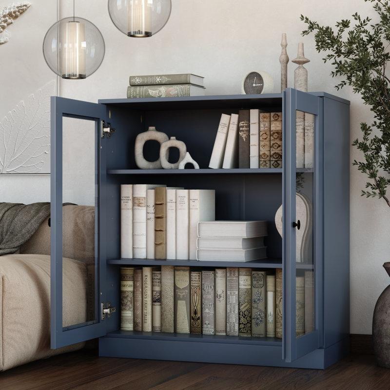Antik Mavi Masif Çam Ayarlanabilir Raflı Modüler Cam Kapaklı Kitaplık - 82x91 cm - 238844