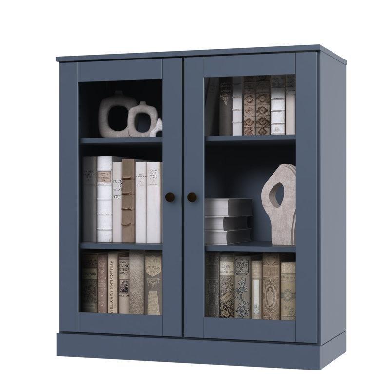 Antik Mavi Masif Çam Ayarlanabilir Raflı Modüler Cam Kapaklı Kitaplık - 82x91 cm - 238844