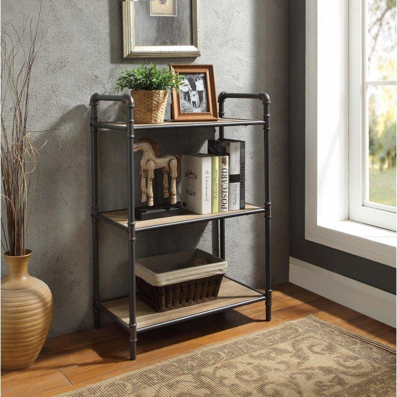 Antik Meşe ve Kumlu Gri Metal 3 Raflı Endüstriyel Kitaplık - 68x37x93 cm - 315287