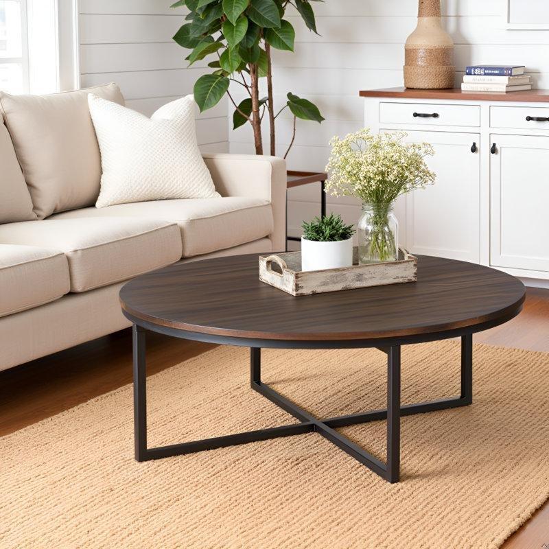 Antik Moka Masif Akasya Ahşap Çelik Çapraz Ayaklı Yuvarlak Orta Sehpa - 107 cm - 245784