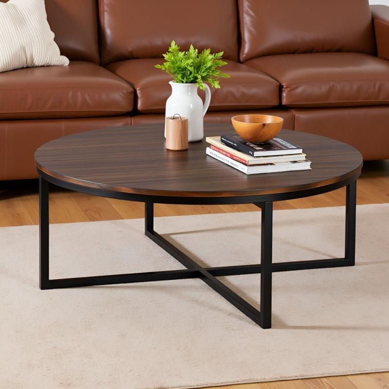 Antik Moka Masif Akasya Ahşap Çelik Çapraz Ayaklı Yuvarlak Orta Sehpa - 107 cm - 245784