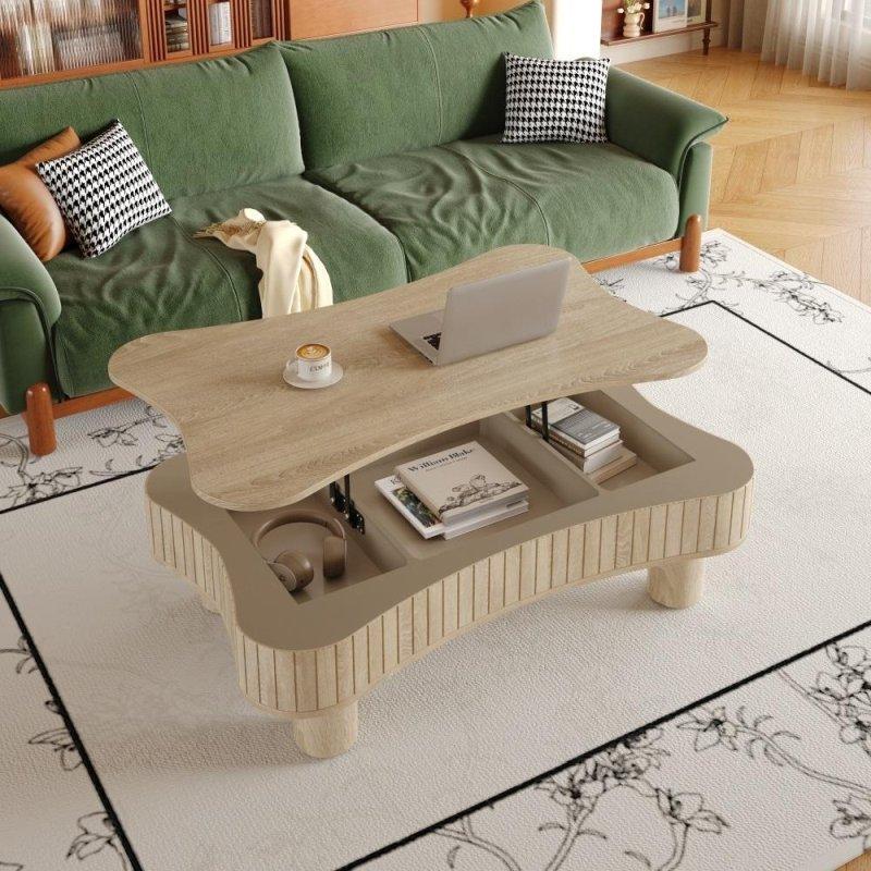 Antik Natural Masif Ahşap ve MDF Kaldırılabilir Tablalı Yivli Akıllı Sehpa - 108x69 cm - 253516
