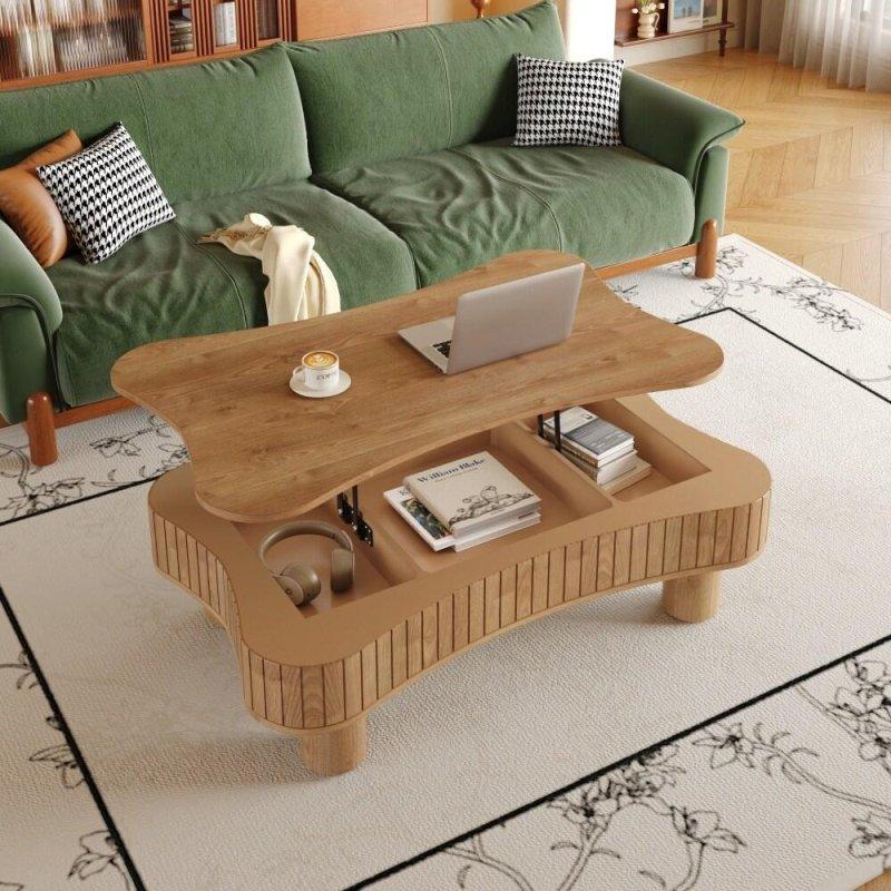 Antik Natural Masif Ahşap ve MDF Kaldırılabilir Tablalı Yivli Akıllı Sehpa - 108x69 cm - 253516