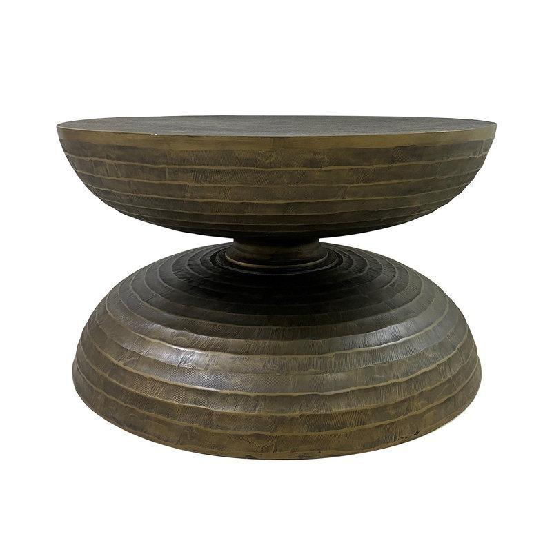 Antik Pirinç Alüminyum Dokulu Heykelsi Tasarım Yuvarlak Orta Sehpa - 72x41 cm - 245048