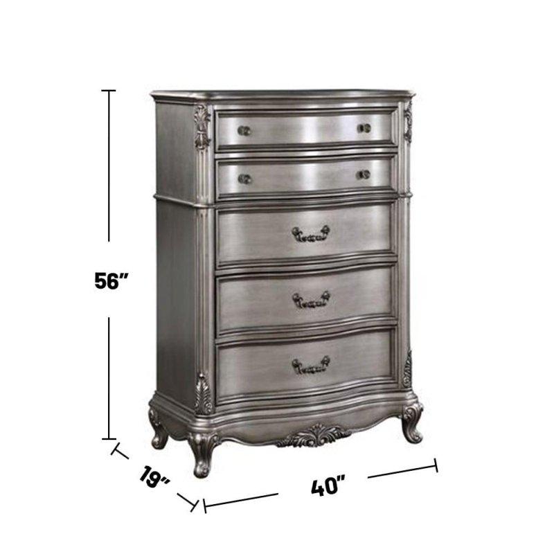 Antik Platin Gri Ahşap 5 Çekmeceli Oymalı Şifonyer - 102x49x143 cm - 308755