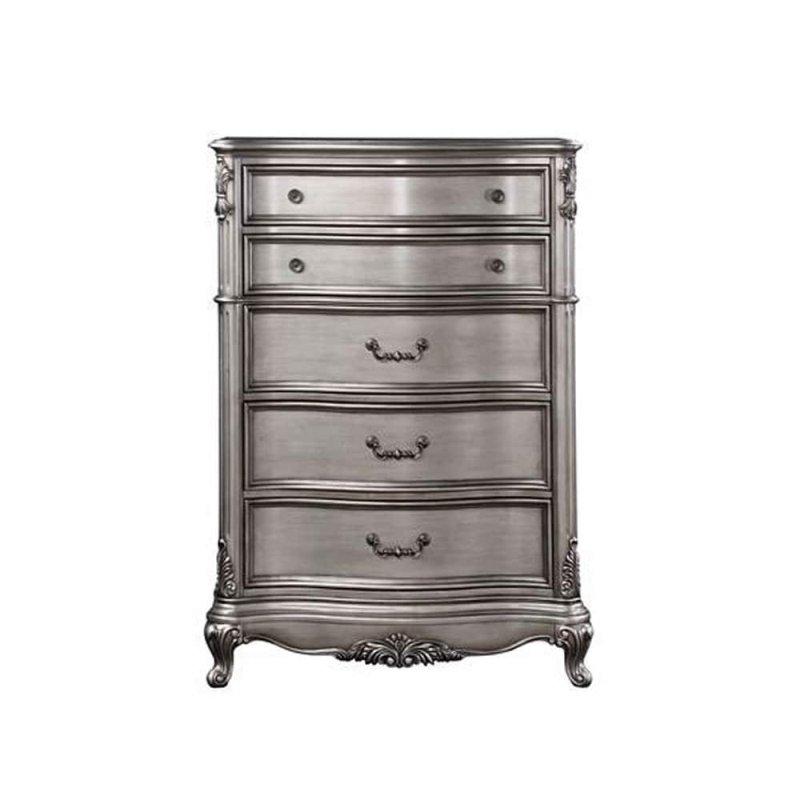 Antik Platin Gri Ahşap 5 Çekmeceli Oymalı Şifonyer - 102x49x143 cm - 308755