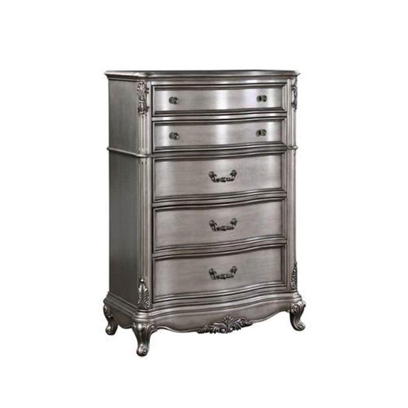 Antik Platin Gri Ahşap 5 Çekmeceli Oymalı Şifonyer - 102x49x143 cm - 308755