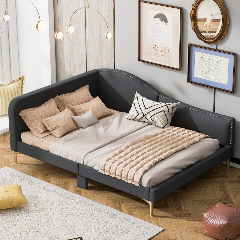 Antrasit Kumaş Döşemeli Ahşap Başlıklı Kolçaklı Daybed Karyola - 205x106x82 cm - 330037
