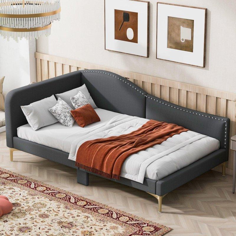 Antrasit Kumaş Döşemeli Ahşap Başlıklı Kolçaklı Daybed Karyola - 205x106x82 cm - 330037 Antrasit Kumaş Döşemeli Ahşap Başlıklı Kolçaklı Daybed Karyola - 205x106x82 cm - 330037