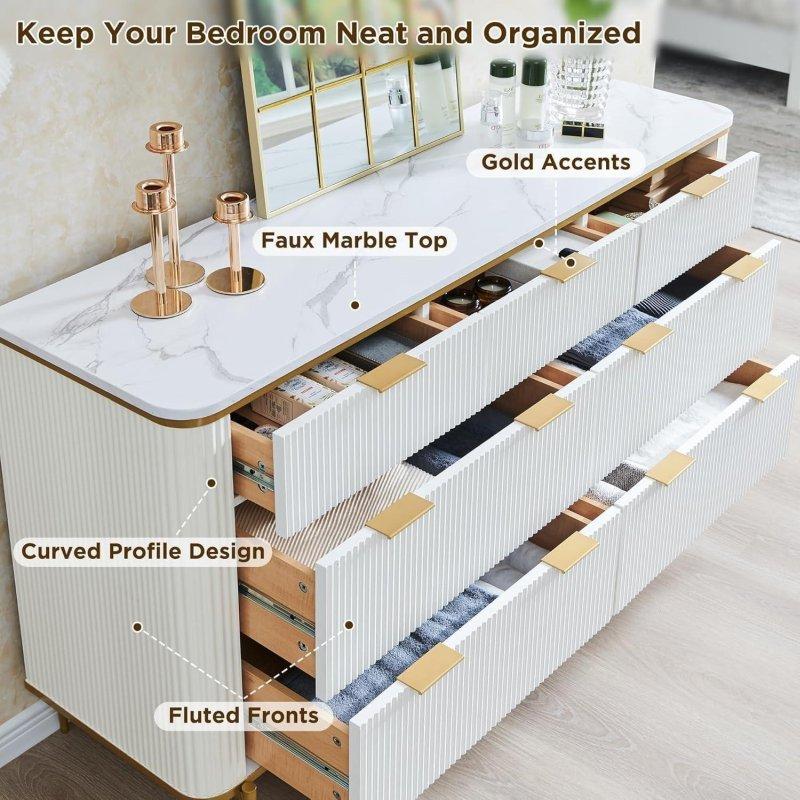 Antrasit Mermer Tablalı Gold Detaylı Yivli 7 Çekmeceli MDF Şifonyer - 138 cm - 311774