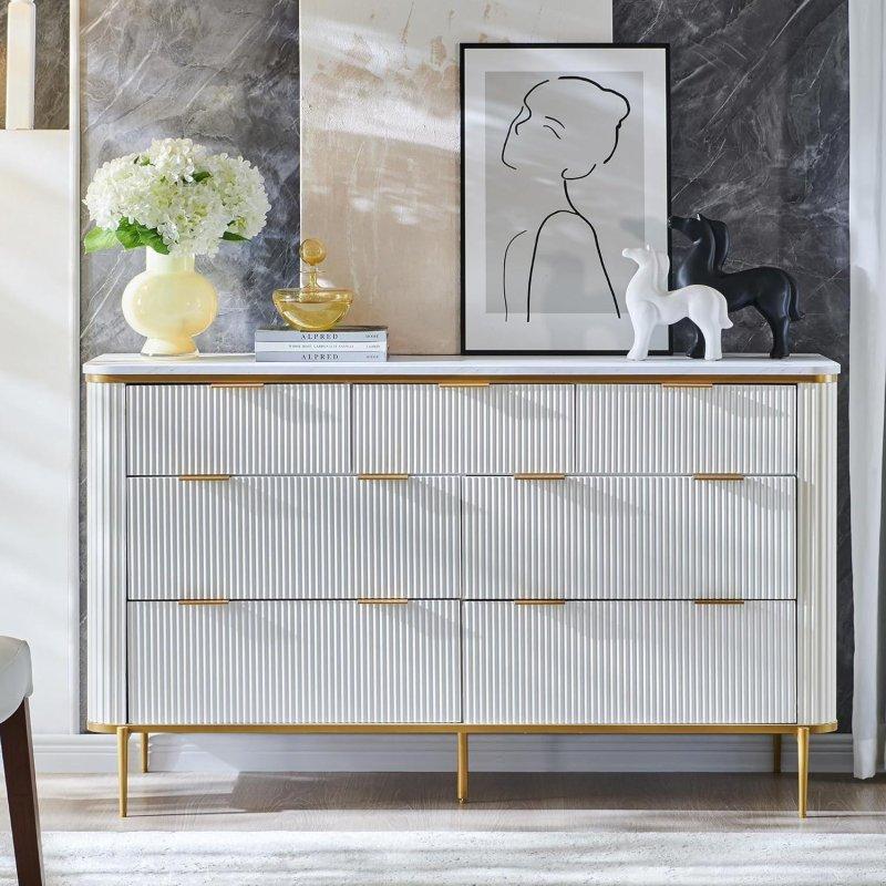 Antrasit Mermer Tablalı Gold Detaylı Yivli 7 Çekmeceli MDF Şifonyer - 138 cm - 311774