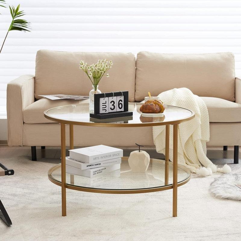 Aynalı Cam Raflı Metal Yuvarlak Orta Sehpa - 78x49 cm - 243806
