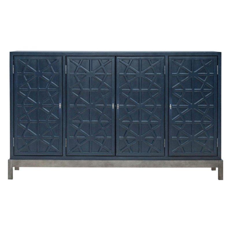 Azure Mavi Masif Kavak ve Huş Kaplama Oymalı Kapaklı Metal Ayaklı Bohem Konsol - 188x44x112 cm - 325114