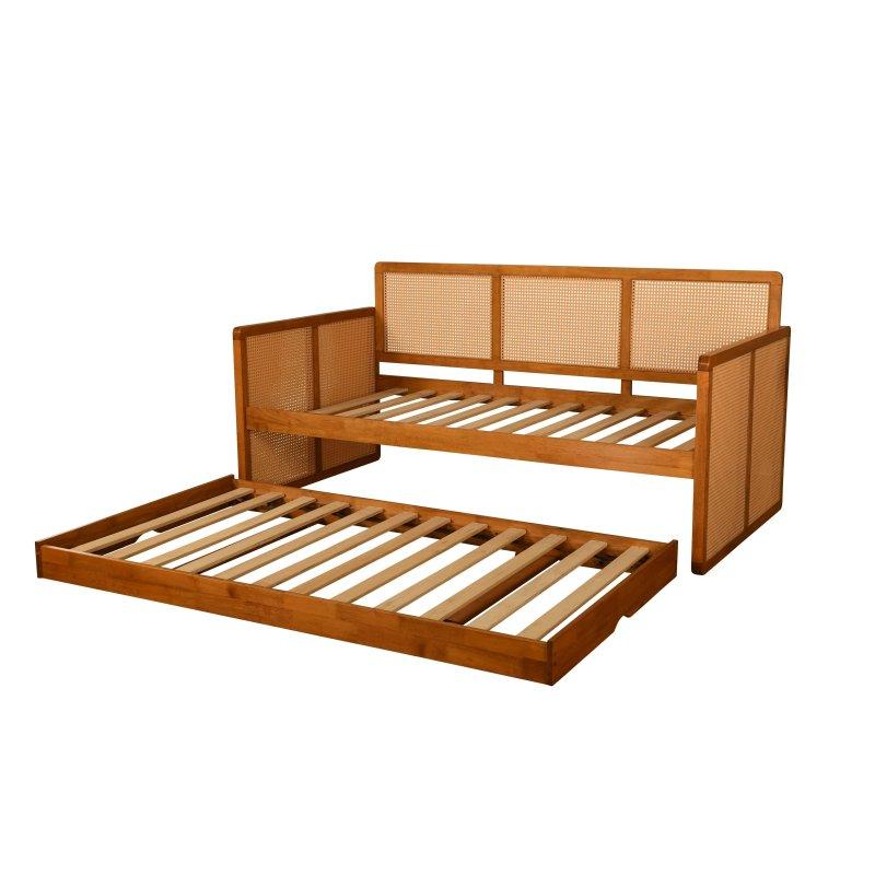 Bal Rengi Masif Ahşap ve Rattan Yavru Yataklı Şilteli Daybed Karyola - 330538