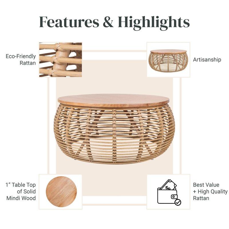 Bal Rengi Rattan ve Çam Ağacı Bohem Tasarım Yuvarlak Orta Sehpa - 100x44 cm - 243335