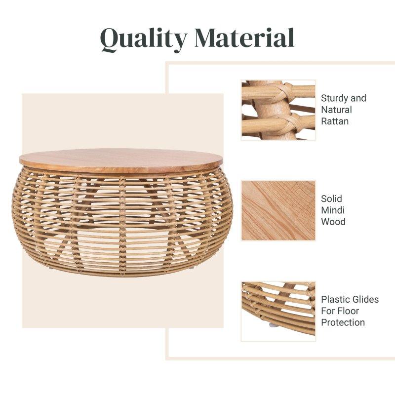 Bal Rengi Rattan ve Çam Ağacı Bohem Tasarım Yuvarlak Orta Sehpa - 100x44 cm - 243335