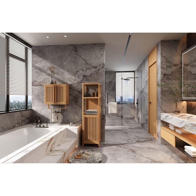 Bambu Açık Raflı ve Kapaklı Dar Çok Amaçlı Banyo Dolabı - 133 cm - 334296