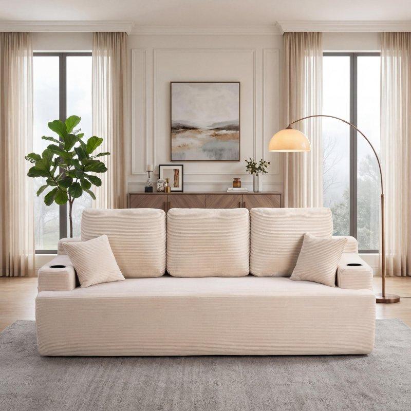 Bardaklıklı ve Yan Cepli Fitilli Kadife 3lü Bohem Koltuk - 221 cm - 289583