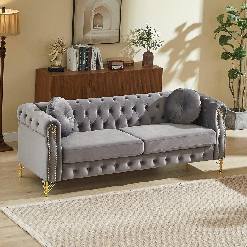 Bej Ahşap Kadife Kapitoneli Bakır Zımbalı Bohem Koltuk - 209x77x74 cm - 288611