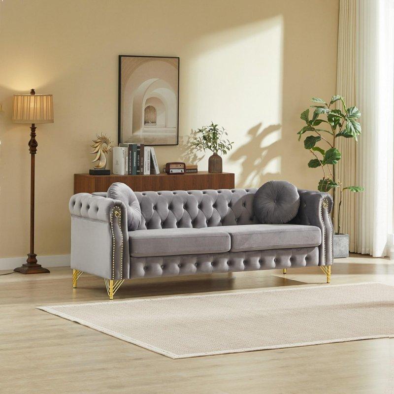 Bej Ahşap Kadife Kapitoneli Bakır Zımbalı Bohem Koltuk - 209x77x74 cm - 288611