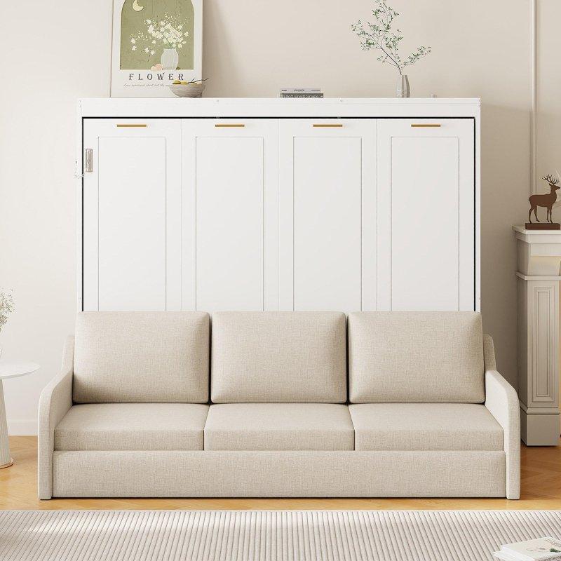 Bej Ahşap Katlanır Koltuklu LED Işıklı Raflı Duvar Yatağı - 223x153x169 cm - 264715
