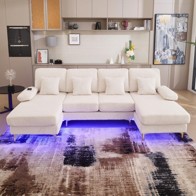 Bej Ahşap LED Aydınlatmalı ve Şarj Portlu Modüler U Köşe Koltuk - 259010