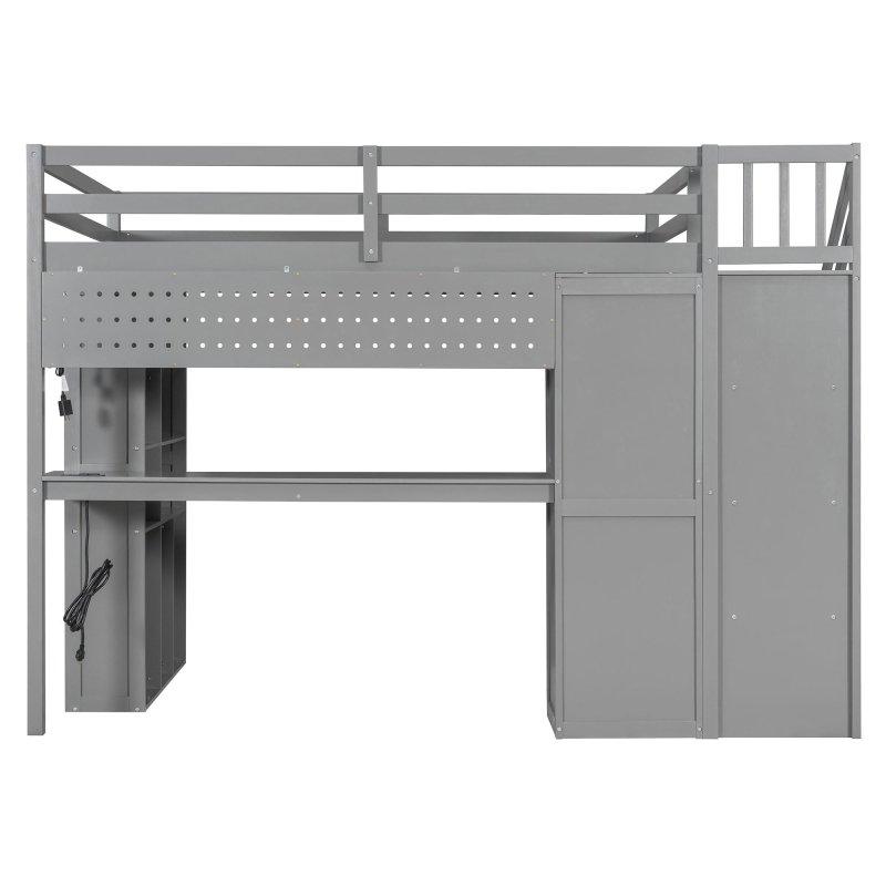 Bej Ahşap LED Işıklı Çalışma Masalı ve Dolaplı Ranza - 249160