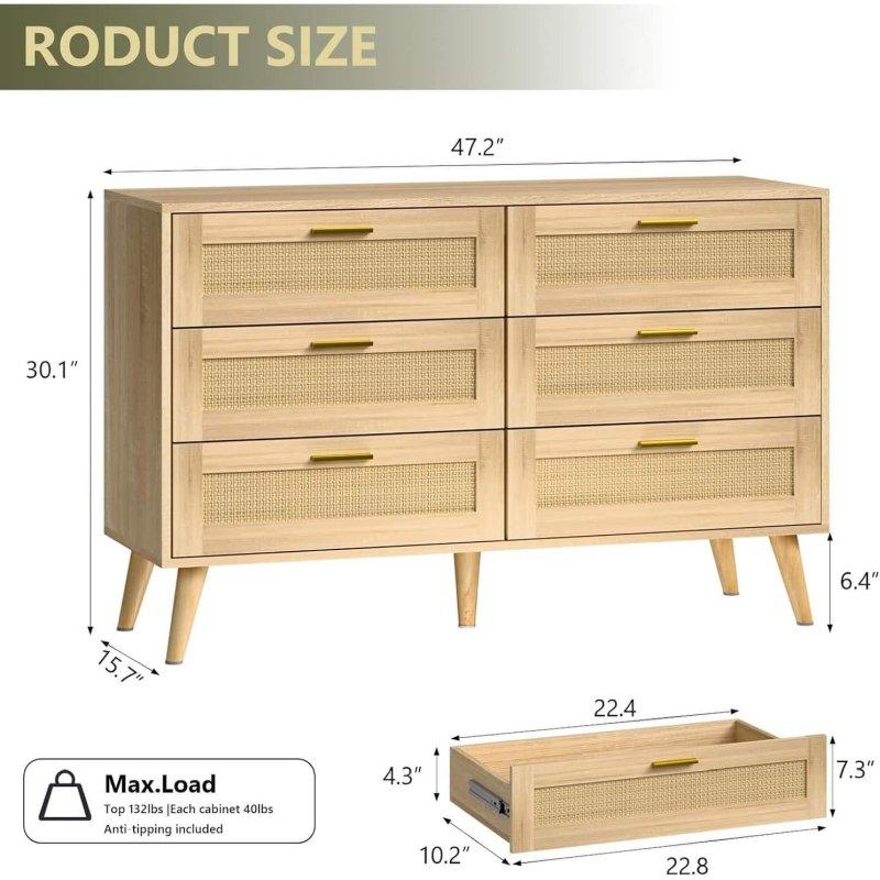 Bej Akasya Ahşap Rattan 6 Çekmeceli Gold Kulplu Şifonyer - 120 cm - 300203