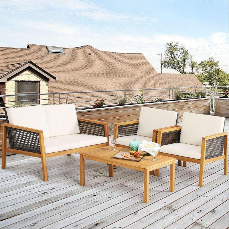 Bej Akasya Ahşap ve Rattan 4 Parça Bahçe Takımı - 271495