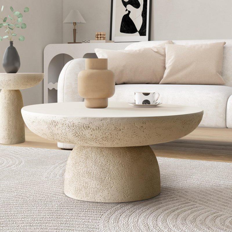 Bej Beton Kaide Ayaklı Dokulu Yuvarlak Orta Sehpa - 71x34 cm - 243387