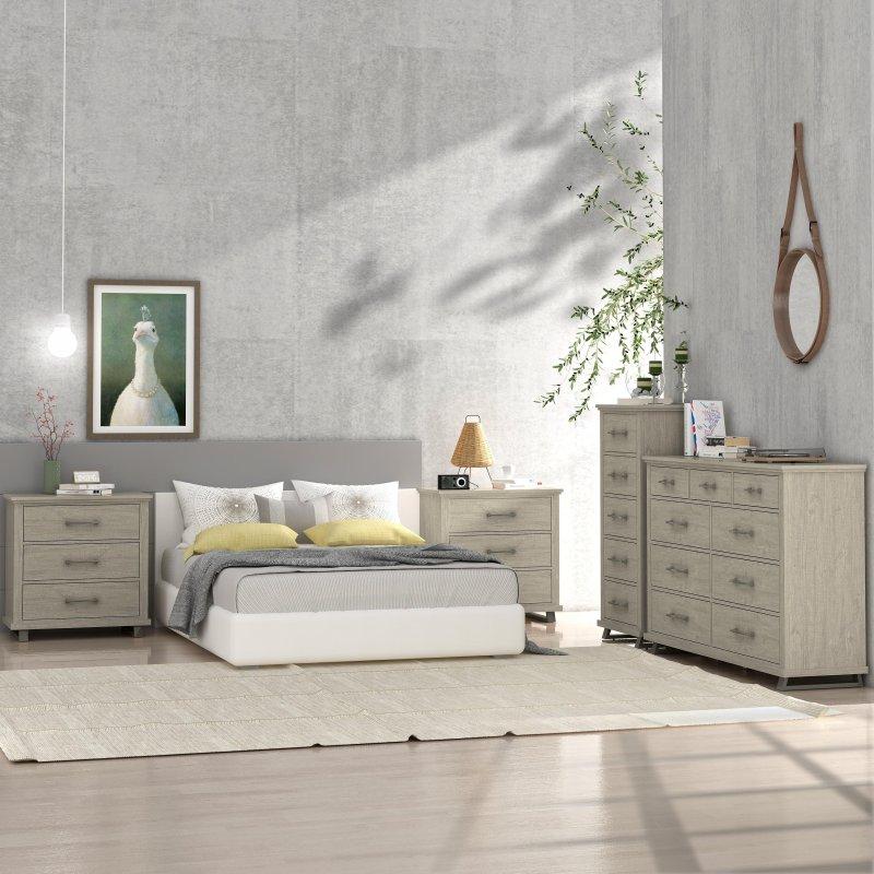 Bej Beyaz MDF Kır Evi Tarzı Metal Ayaklı 4 Parça Yatak Odası Şifonyer ve Komodin Seti - 310346