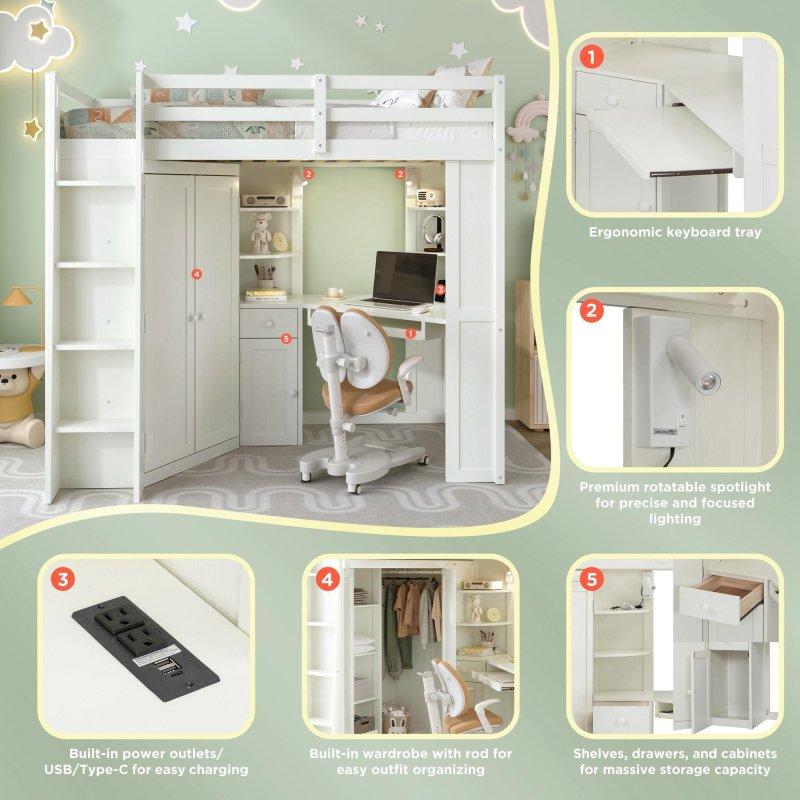 Bej Beyaz ve Siyah Gardıroplu Çalışma Masalı Ahşap Ranza - 249804