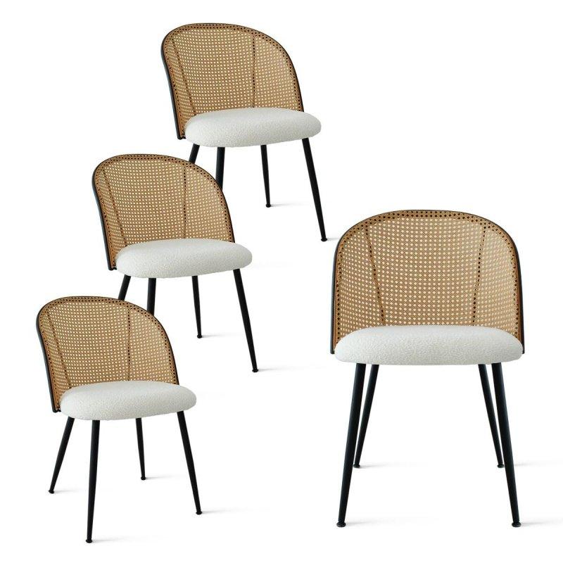 Bej Bukle Kumaş Döşemeli Siyah Metal Ayaklı 4lü Set Rattan Sandalye - 252157