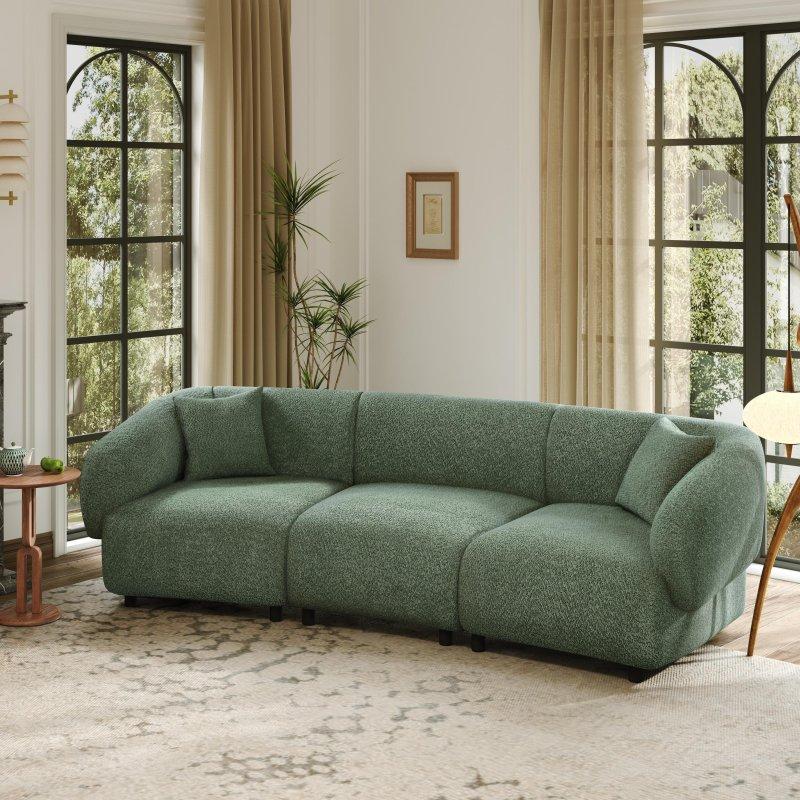Bej Bukle Kumaş Masif Ahşap İskeletli Kavisli 3 Kişilik Bohem Koltuk - 251x81x77 cm - 280271