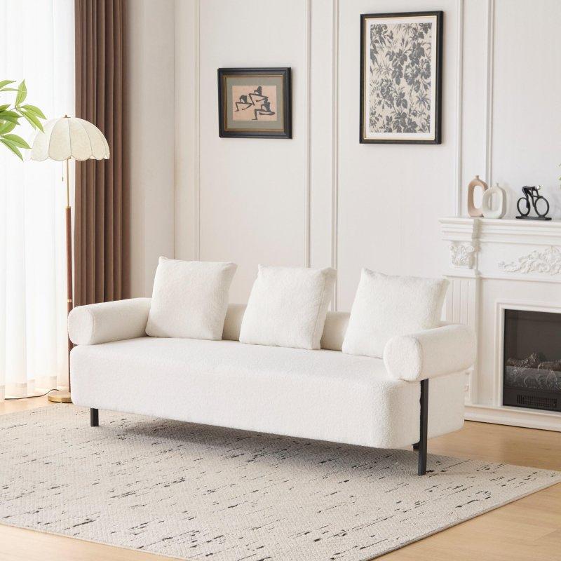 Bej Bukle Kumaş Metal Ayaklı 3 Yastıklı Yuvarlak Kolçaklı Bohem Koltuk - 199 cm - 290240