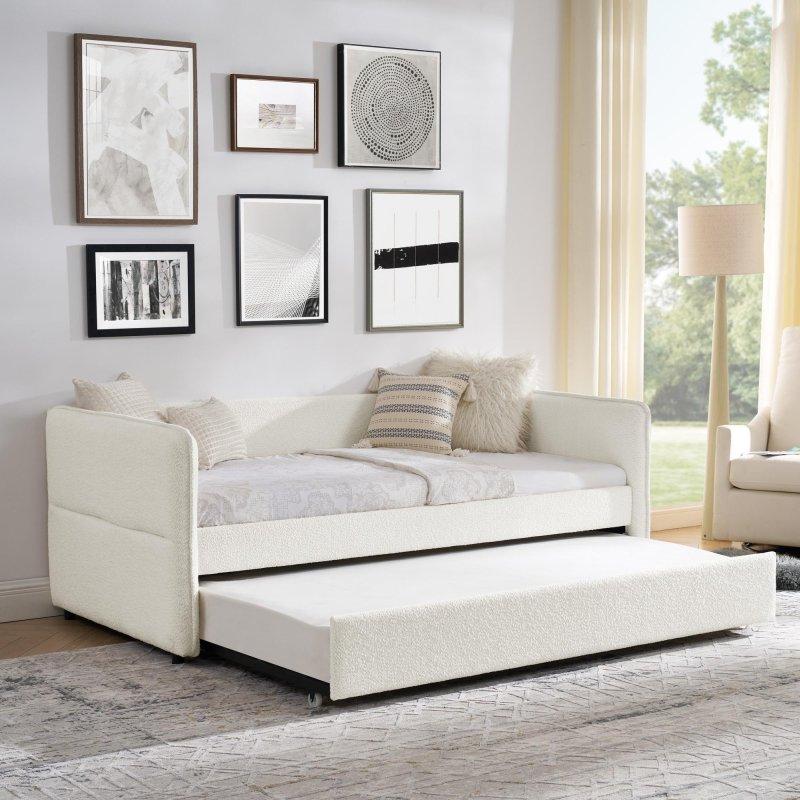 Bej Bukle Kumaş Yavru Yataklı Dikey Çizgili Daybed Karyola - 211x110x75 cm - 330106