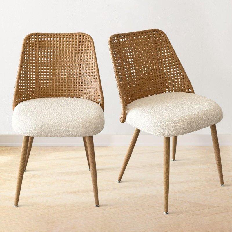Bej Buklet Kumaş Döşemeli Meşe Görünümlü Metal Ayaklı 2li Set Rattan Sandalye - 253182