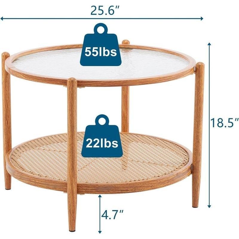 Bej Dalgalı Camlı ve Rattan Raflı Çift Katlı Yuvarlak Orta Sehpa - 65x47 cm - 242658