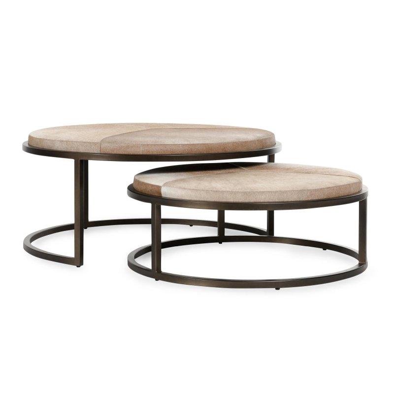 Bej Deri ve Bronz Demir İç İçe Geçen 2li Set Yuvarlak Orta Sehpa - 104 cm - 240946